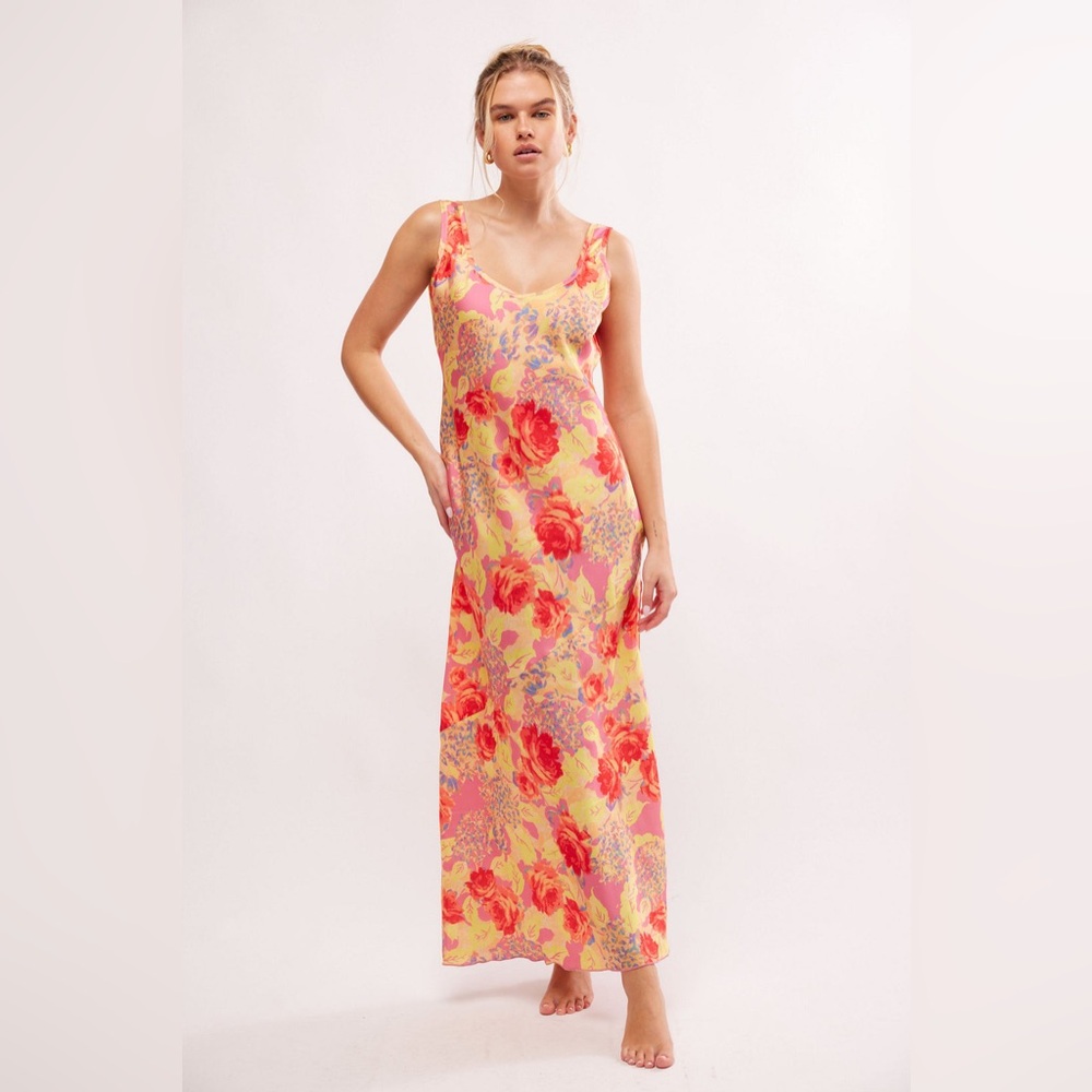Free People Yellow Floral Maxi Slip Dress with Pink & Red Accents